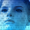 Image: Womans face looking through digital code